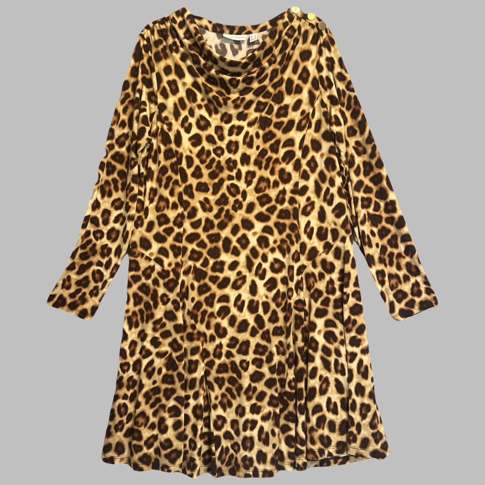 Susan Graver Liquid Knit Dress Cowl Neck Size L Animal Print Flowy Office